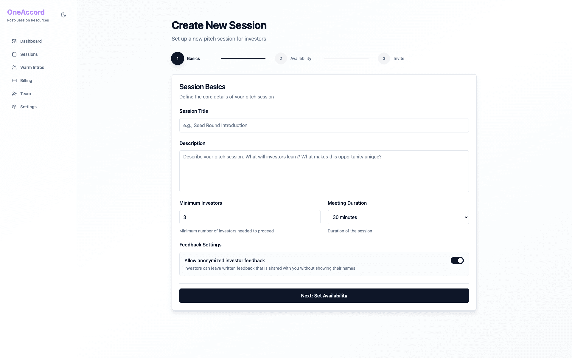 Founder creating a pitch session with multiple time slots