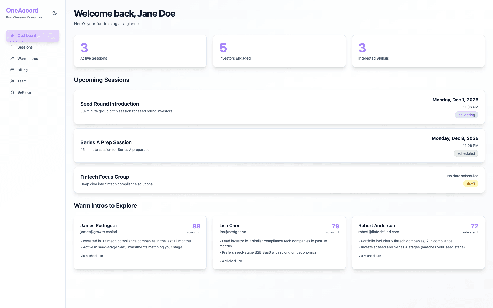 Dashboard showing confirmed sessions and calendar sync