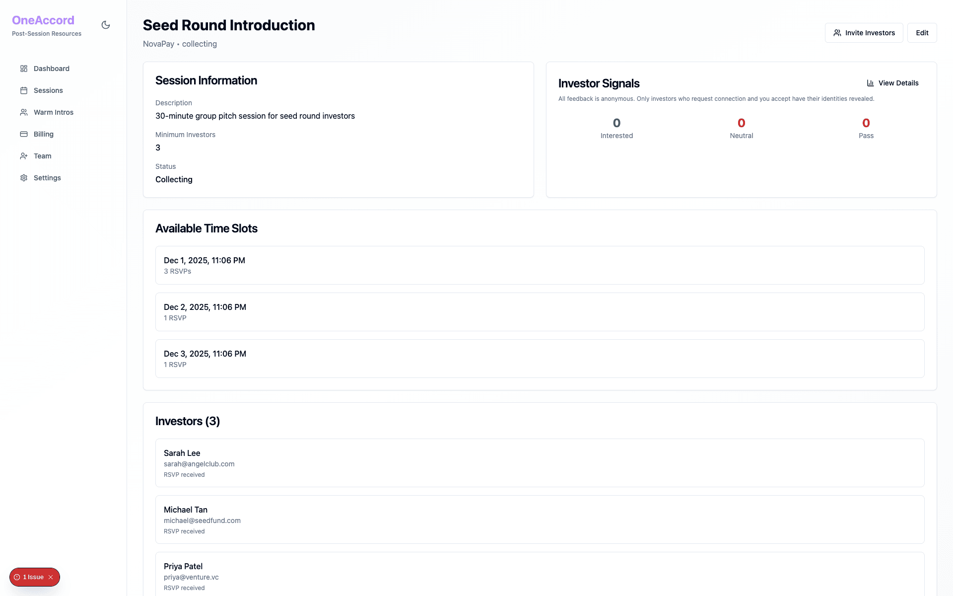 Founder viewing session details, RSVPs, and consensus detection